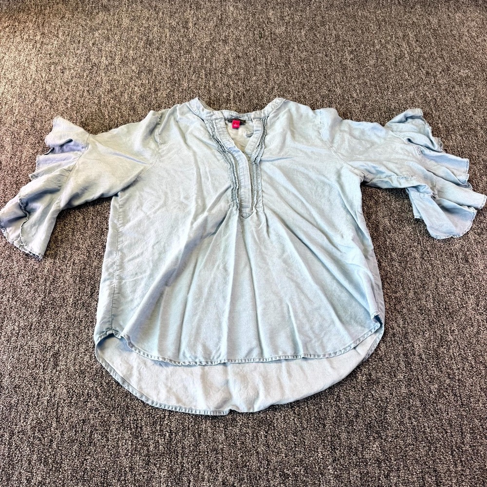 Vince Camuto Blouse Top Women Large Blue Chambray Flutter Sleeve Pullover Casual